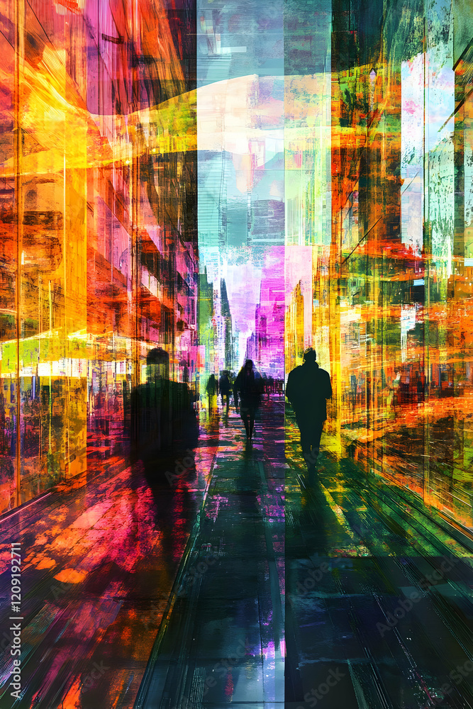 Fototapeta premium Abstract urban scene with vibrant colors and silhouettes of people walking.