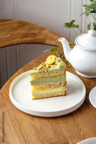 sponge cake with pistachio cream and citrus fruits