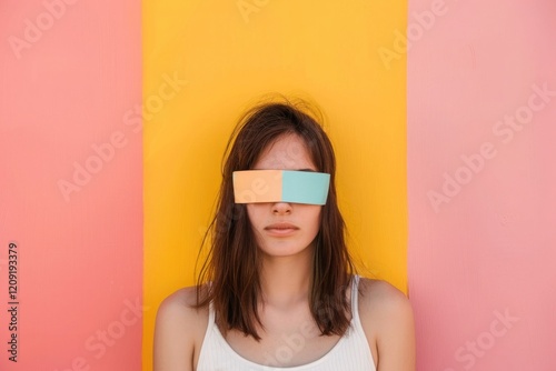 A minimalist portrait of a woman with pastel-colored paper covering her eyes. Color blindness concept