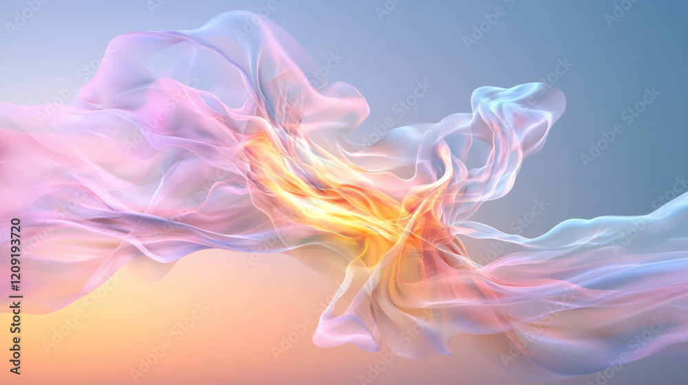 Obraz premium Abstract artistic rendering of soft swirling clouds in pastel hues, blending warm and cool tones with dreamy, ethereal effect. fluid motion evokes sense of calm and wonder