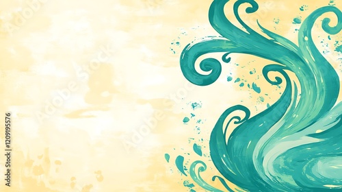 Abstract Teal Wave Design on Pale Yellow Background