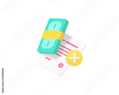 Financial contract document insurance tax cash money adding payment 3d icon realistic vector illustration. Banking commercial loan mortgage credit agreement finance guarantee paper form application