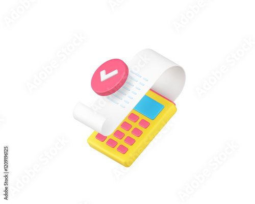 Success shopping payment POS machine terminal and receipt 3d icon realistic vector illustration. Approved buying paying financial banking transaction commercial retail technology