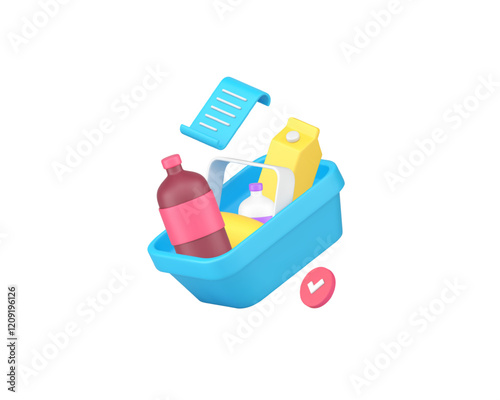 Grocery shopping cart success payment receipt 3d icon realistic vector illustration. Food and drink everyday buying groceries product market shop store approved paying bill online order delivery