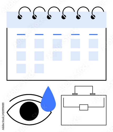 Calendar with spiral binding, eye with tear, and briefcase portraying time management, deadlines, mental health, workplace stress, planning, personal balance and corporate dynamics. Abstract line