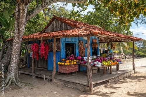 Wallpaper Mural Tropical fruit stand, beachside shack, sunny day, vibrant fruits, travel destination Torontodigital.ca