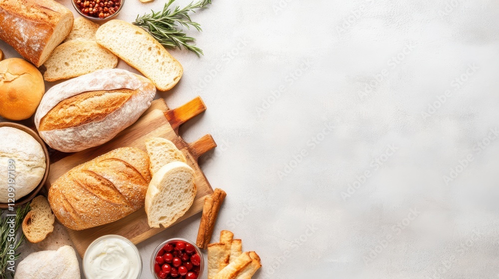 A diverse selection of breads and breadsticks elegantly arranged on a wooden cutting board, showcasing various textures and colors.