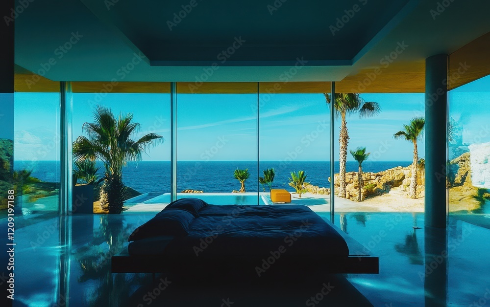 Fototapeta premium A serene bedroom featuring a stunning ocean view framed by lush palm trees, creating a tranquil and inviting atmosphere for relaxation.
