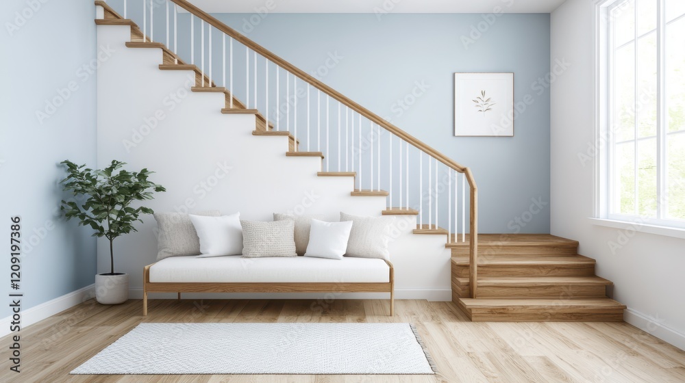 Fototapeta premium A cozy room features a couch and a chair, elegantly arranged near a staircase, creating a welcoming atmosphere for relaxation and conversation.