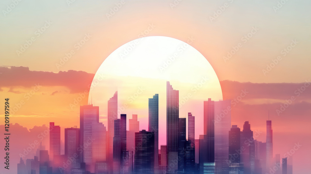 futuristic cityscape silhouette with glowing skyscrapers is set against vibrant sunset, blending warm hues of orange, pink, and yellow with serene atmosphere futuristic cityscape silhouette with glowing skyscrapers is set against vibrant sunset, blending warm hues of orange, pink, and yellow with serene atmosphere