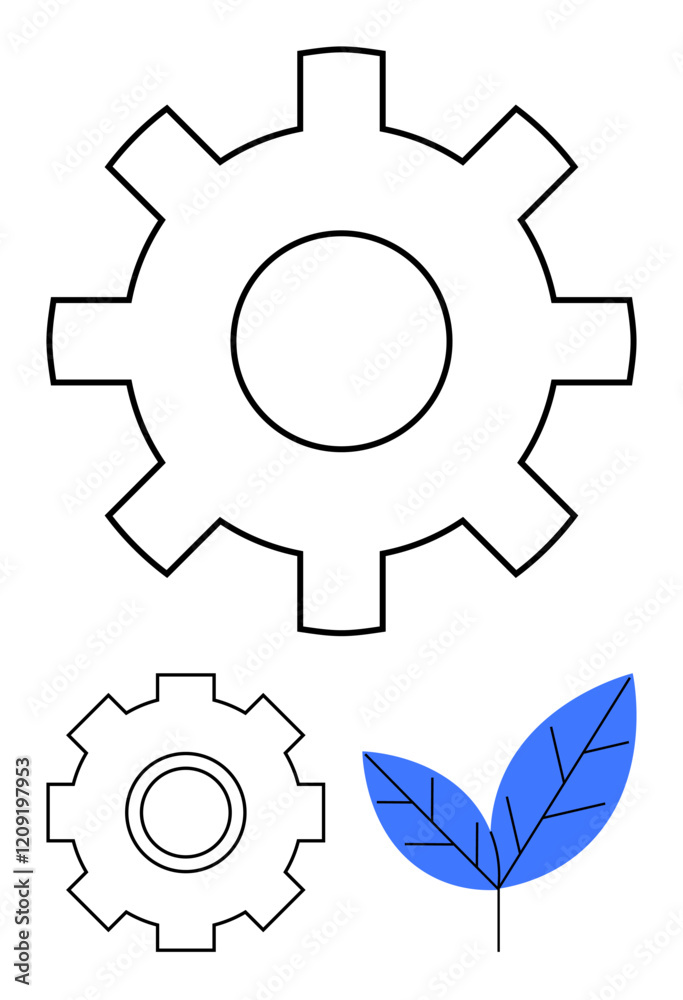 Minimalist gears in black outline paired with a blue leaf. Ideal for innovation, eco-technology, sustainability, engineering, renewable energy, green initiatives, abstract line flat metaphor Minimalist gears in black outline paired with a blue leaf. Ideal for innovation, eco-technology, sustainability, engineering, renewable energy, green initiatives, abstract line flat metaphor