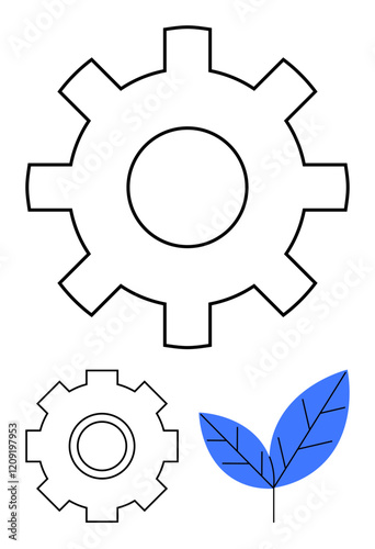 Minimalist gears in black outline paired with a blue leaf. Ideal for innovation, eco-technology, sustainability, engineering, renewable energy, green initiatives, abstract line flat metaphor