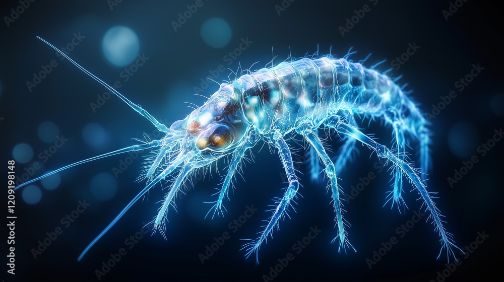 Microscopic Plankton glowing under translucent blue background Microscopic Plankton glowing under translucent blue background
