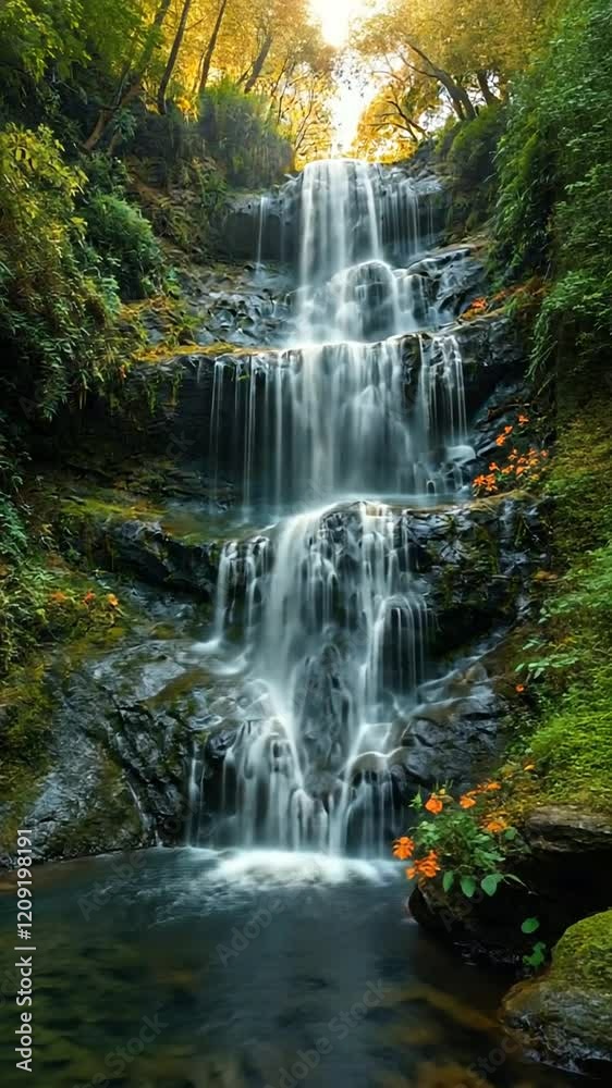 AI generated illustration of stunning waterfall cascading on rocks between vegetation AI generated illustration of stunning waterfall cascading on rocks between vegetation
