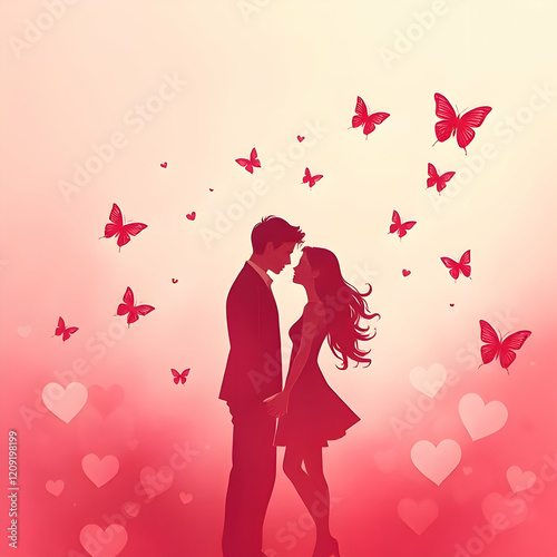 Romantic Silhouette of a Couple Surrounded by Floating Hearts and Butterflies AI Image