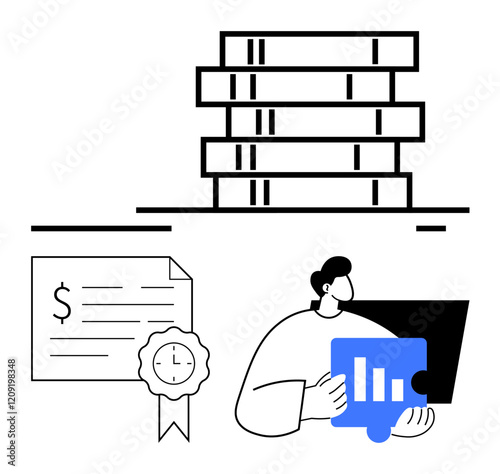 Person analyzing financial data on computer, certificate with award icon, stack of books. Ideal for education, achievement recognition, financial analysis, learning growth, certifications photo