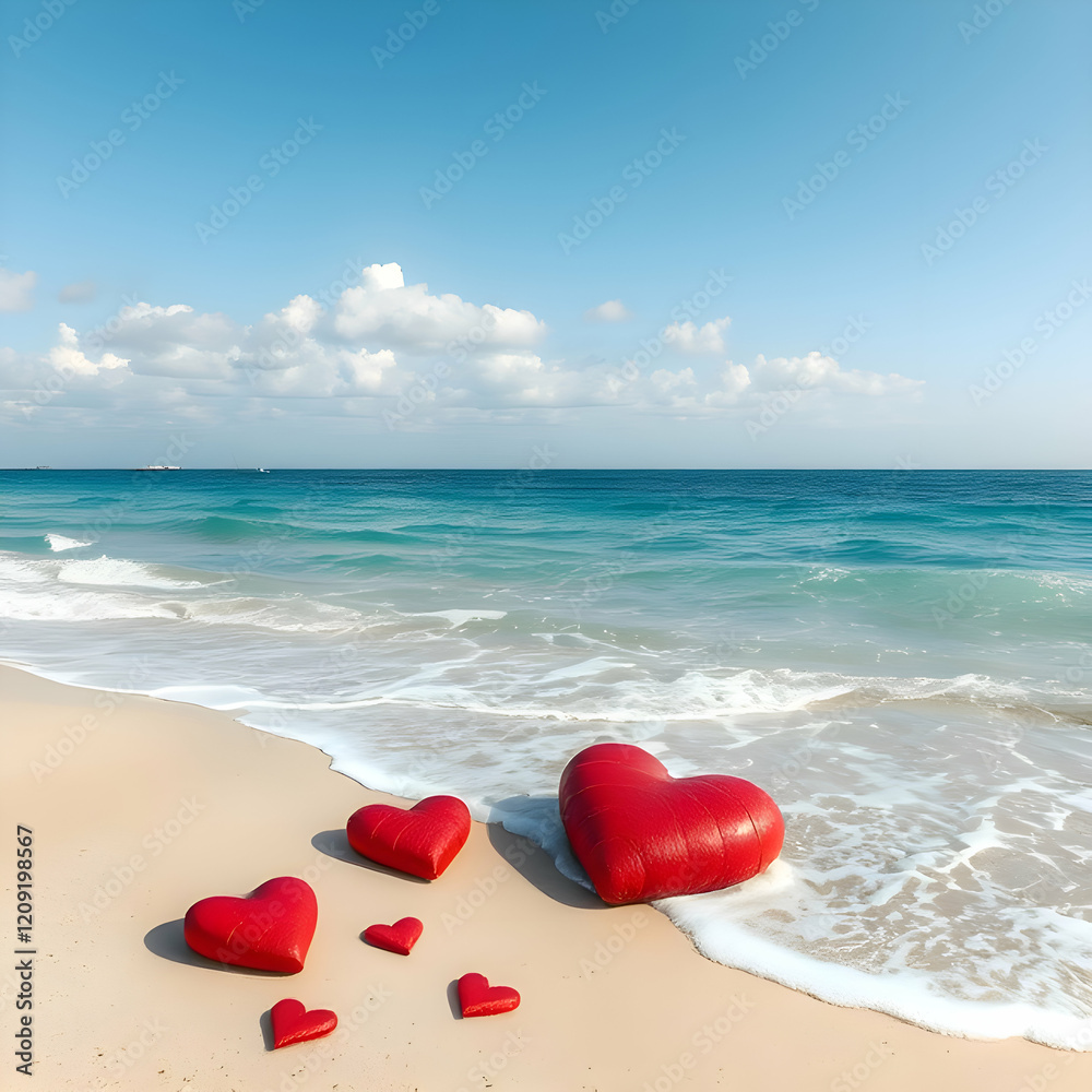Fototapeta premium Red Hearts Scattered on a Sandy Beach with Blue Ocean Background AI Image
