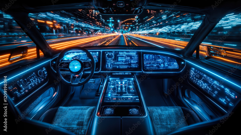 Futuristic Automotive Cockpit Design Highlighting Integrated Vehicle Technology Systems Futuristic Automotive Cockpit Design Highlighting Integrated Vehicle Technology Systems