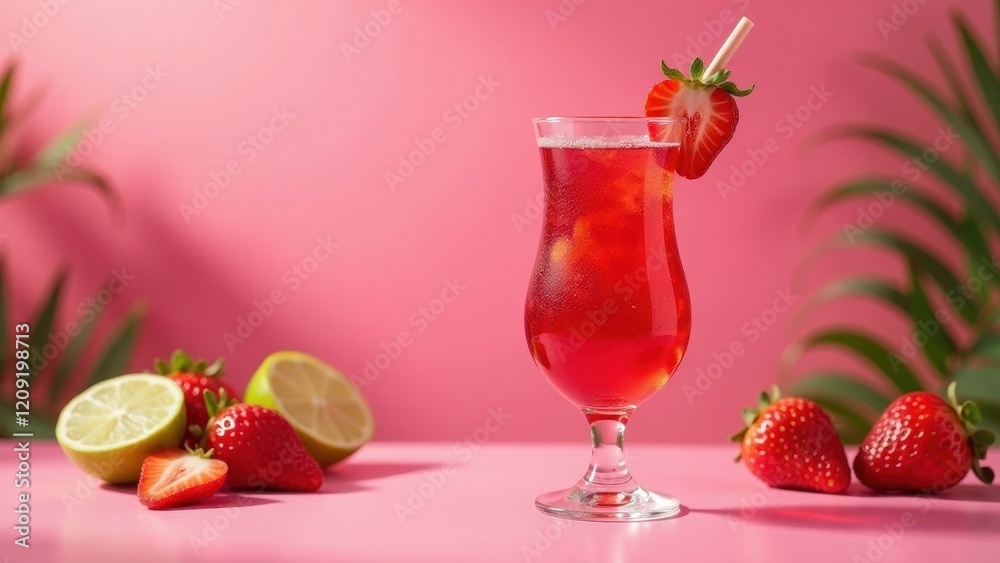 Refreshing Strawberry Lime Beverage in Hurricane Glass on Pink Background with Tropical Leaves Refreshing Strawberry Lime Beverage in Hurricane Glass on Pink Background with Tropical Leaves