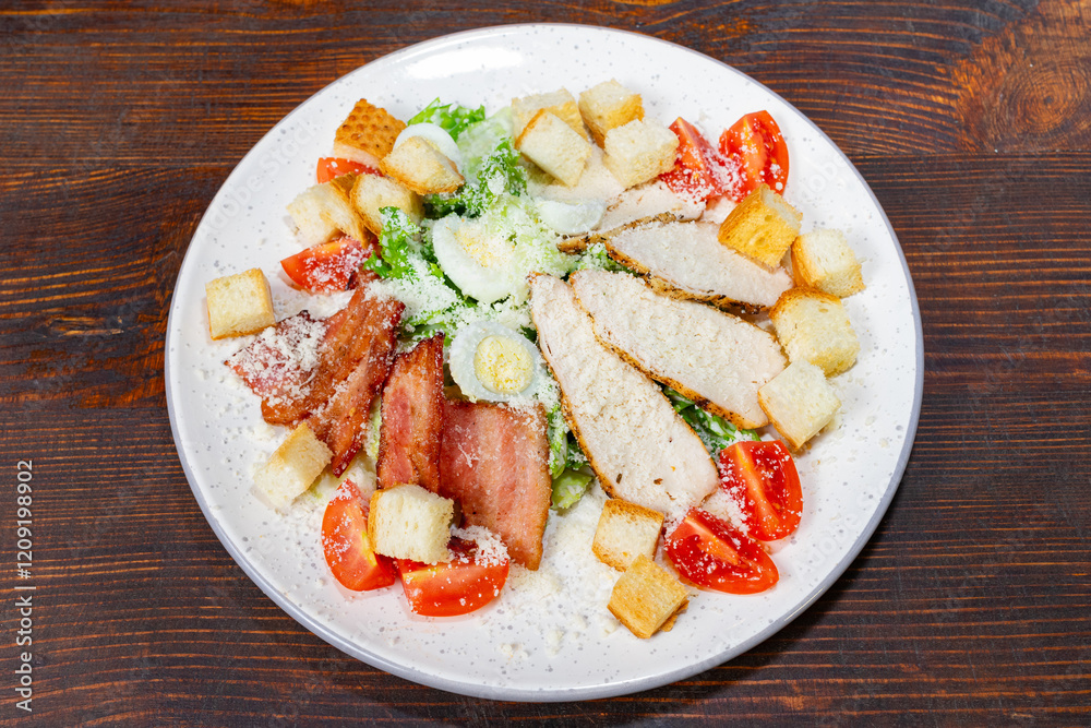 Salad with grilled chicken, bacon, croutons, tomatoes, and Caesar dressing Savory vegetable pie served with fresh garnishes on a white plate