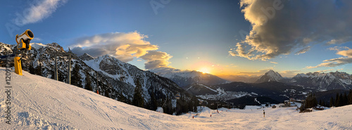 Sunset in the ski resort Rosshütte close to the village of Seefeld in Tyrol in winter