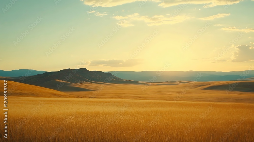 Golden Wheat Field Under Sunset Sky and Distant Mountains Golden Wheat Field Under Sunset Sky and Distant Mountains