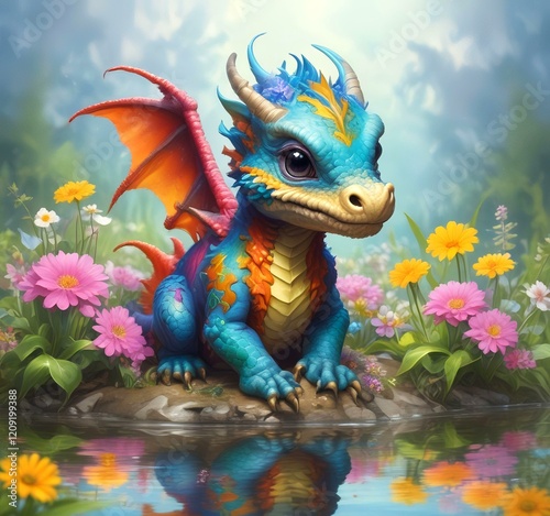 Illustration of adorable baby dragon. photo