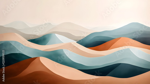 Minimalist 3D mural of hills, muted color palette of brown, teal, orange, and cream, simple lines, light and soft background photo