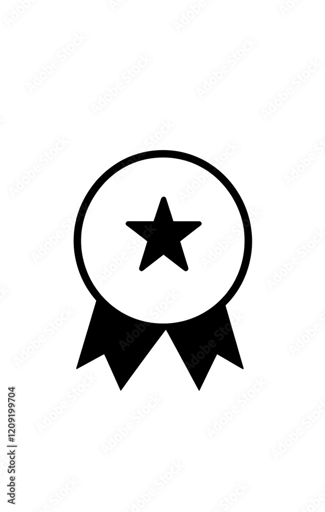 A simple black and white icon of a badge with a ribbon, with a star in the middle. A simple black and white icon of a badge with a ribbon, with a star in the middle.