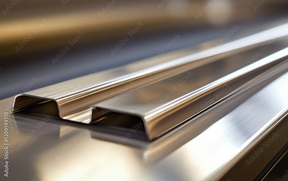 A metal strip rests horizontally on a table surface, showcasing its sleek design and reflecting light in a modern environment. A metal strip rests horizontally on a table surface, showcasing its sleek design and reflecting light in a modern environment.