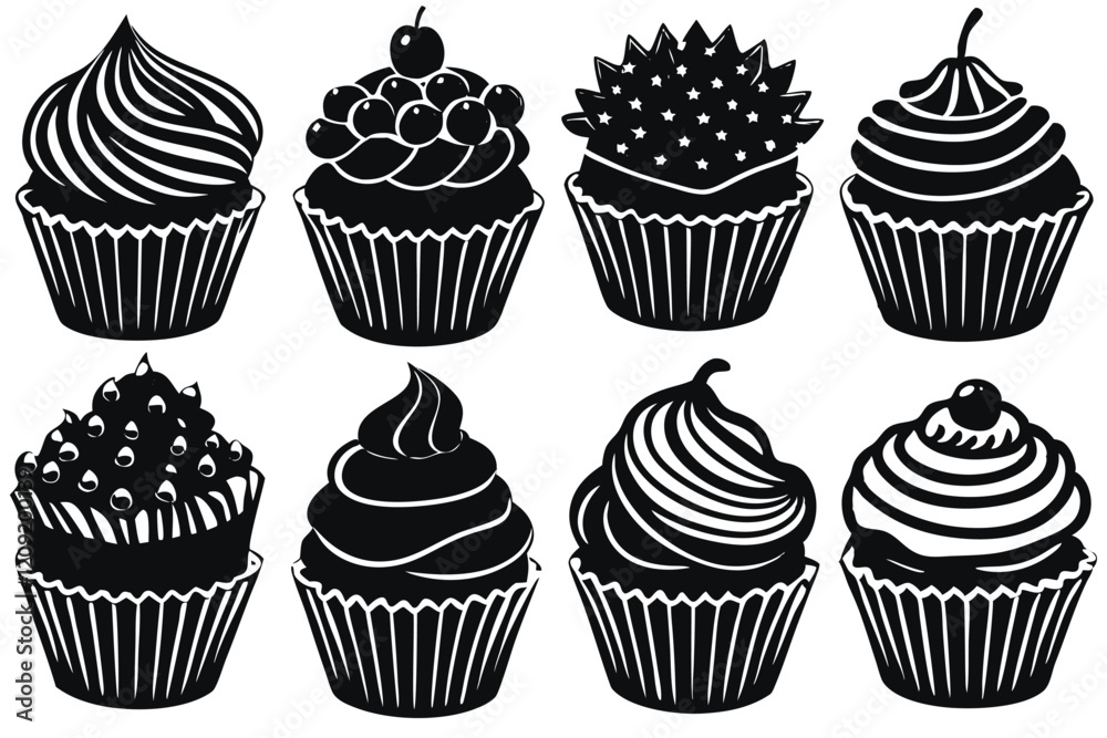 Set of silhouettes of hand drawing cake and ice cream Isolated on a white background