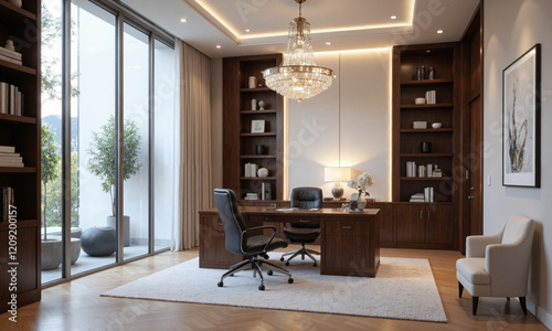 Upscale home office with a black leather chair, polished wood desk, and crystal chandelier. Task lighting highlights the desk area, while recessed lighting photo