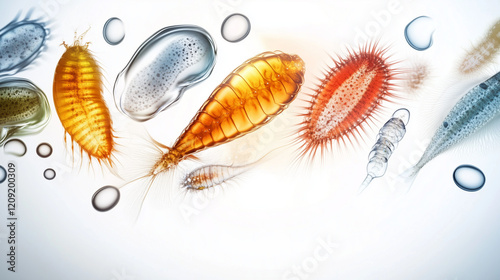 Microscopic Plankton in various shapes and colors against a light background