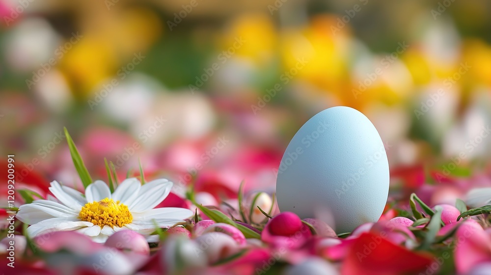 Light blue egg nestled amongst colorful petals and flowers. Light blue egg nestled amongst colorful petals and flowers.