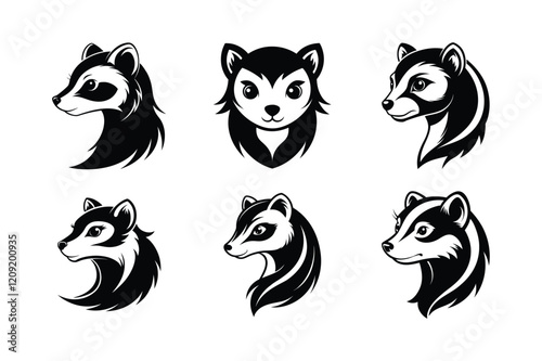 Black-Footed Ferret (Mustela nigripes) mammal animal, labeled silhouette vector art illustration.