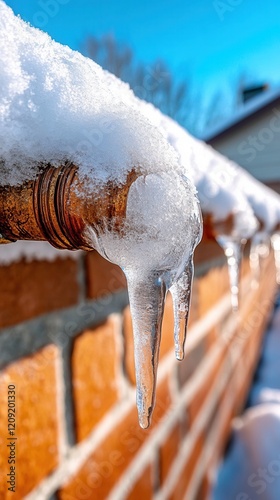 Frozen pipe with icicles and bright snow photo