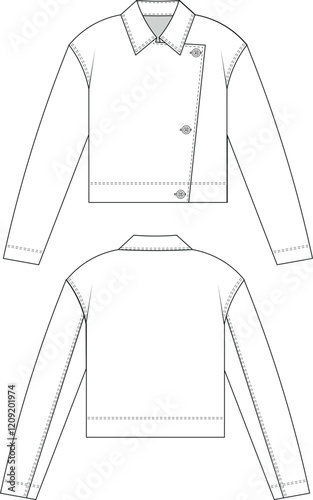 single breasted long sleeve buttoned collared short pea jacket coat trenchcoat outerwear template technical drawing flat sketch cad mockup fashion woman design style model 
