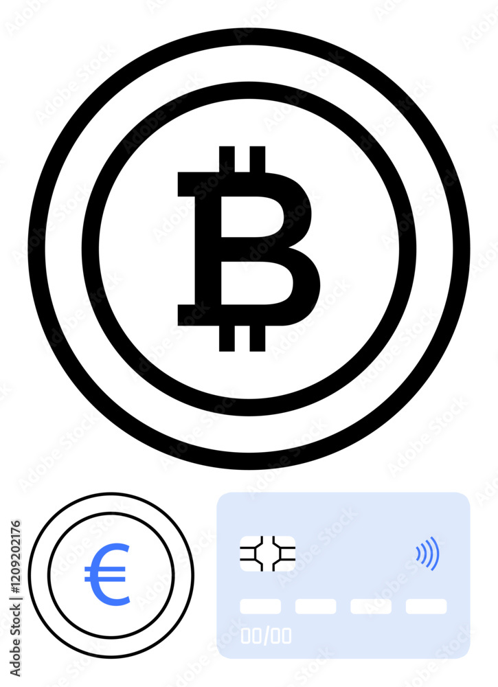 Bitcoin and Euro currency icons with bold outlines, paired with a contactless credit card. Ideal for finance, digital payments, blockchain, e-commerce, banking, cryptocurrency, abstract line flat Bitcoin and Euro currency icons with bold outlines, paired with a contactless credit card. Ideal for finance, digital payments, blockchain, e-commerce, banking, cryptocurrency, abstract line flat