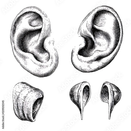 Detailed anatomical drawing of human ears, showing external and internal structures. photo