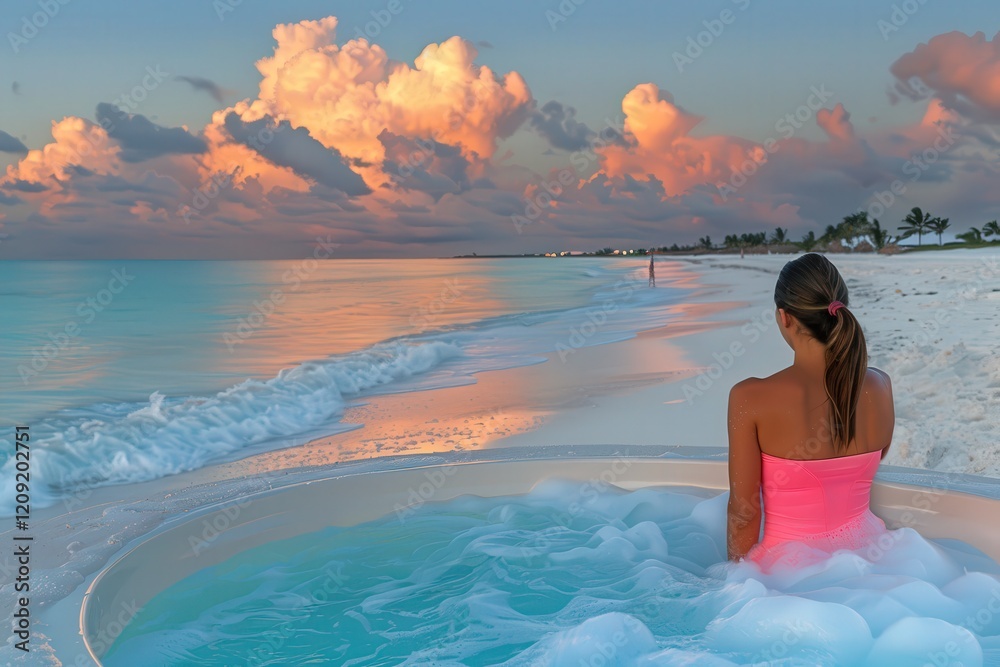 A serene beach scene at sunset, featuring a woman in a hot tub, with vibrant clouds reflecting over calm waters and soft sands. A serene beach scene at sunset, featuring a woman in a hot tub, with vibrant clouds reflecting over calm waters and soft sands.