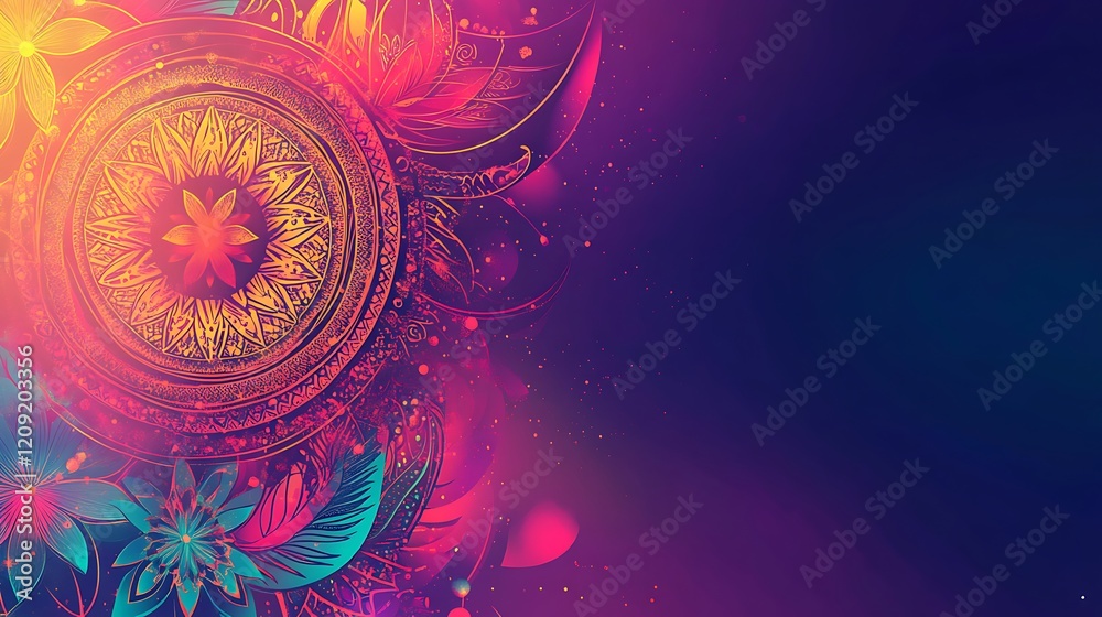 Vibrant Mandala Design with Floral Accents and a Dark Purple Background Vibrant Mandala Design with Floral Accents and a Dark Purple Background