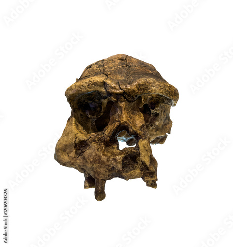 Erectus skull. Discovered in 1969 in Sangiran, Java, Indonesia. Dated to 1 million years ago isolated. photo