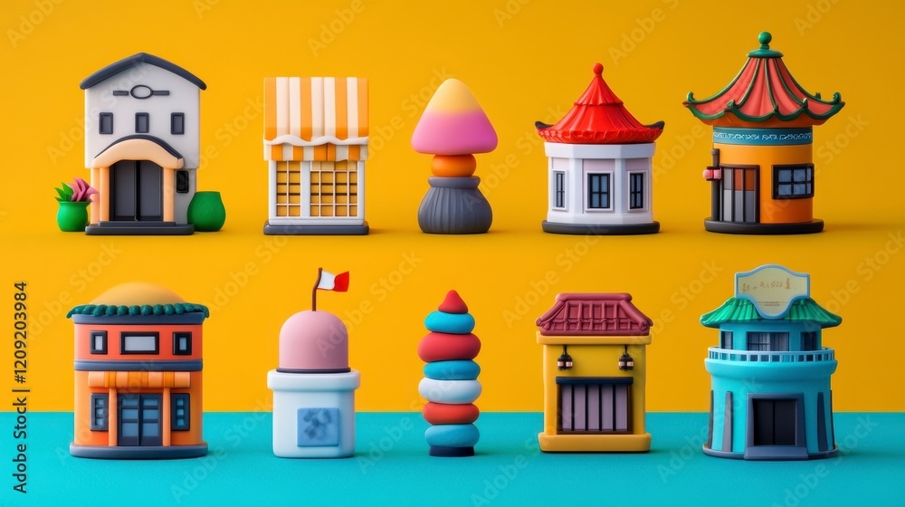 Fototapeta premium Colorful Playful Buildings and Confectionery Models on Yellow Backdrop