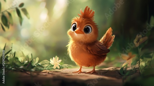 Doodle illustration of cartoon cute chicken, brown roaster, white background  photo