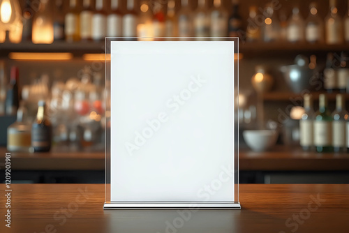 Mock up Label the blank menu frame in Bar restaurant. Stand for booklet with white sheet paper acrylic tent card on table wiht blurred background.