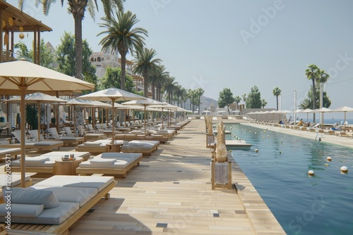 Wallpaper Mural A serene poolside scene lined with palm trees and sun loungers, inviting relaxation under the sun. Torontodigital.ca