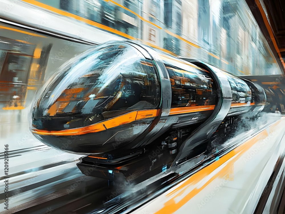 Fototapeta premium Futuristic train design in a modern urban setting, showcasing advanced transport technology.
