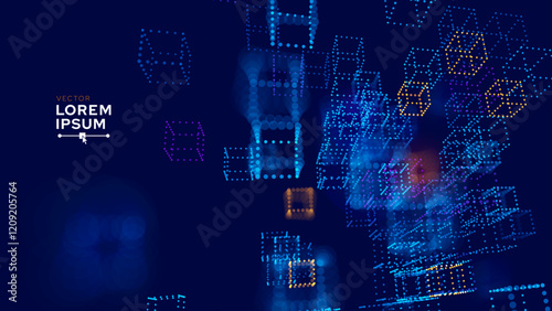 Big Data 3D Cubes Quantum Computer Business Server Concept Background. 3D Blockchain Cube Blocks Concept. Data Core Abstract Cubes. Artificial Intelligence HUD Design Element.