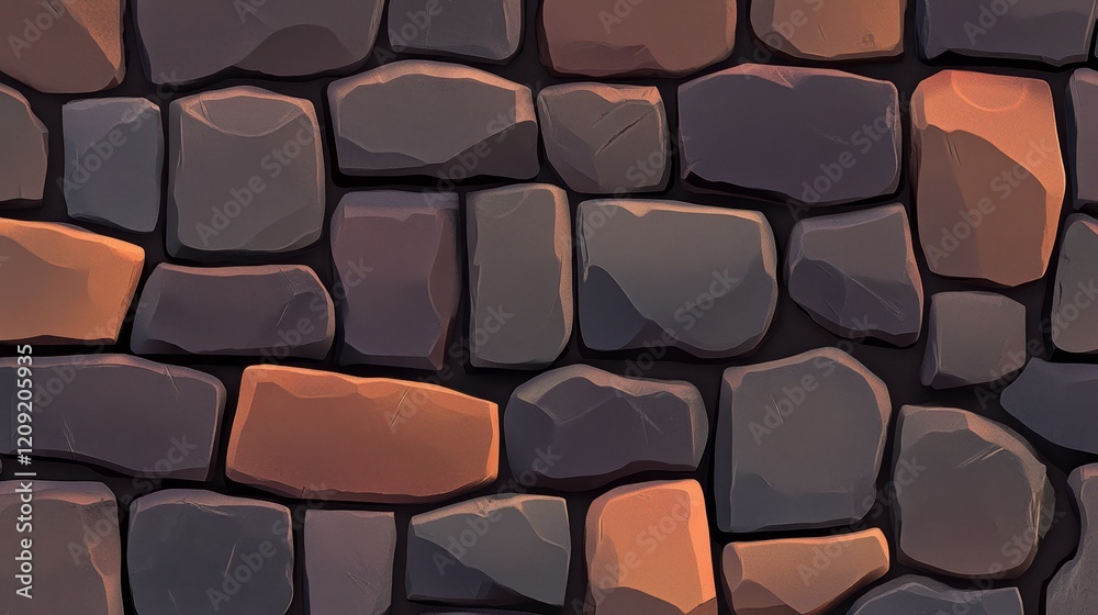 A textured wall made of variously shaped and colored stone. A textured wall made of variously shaped and colored stone.