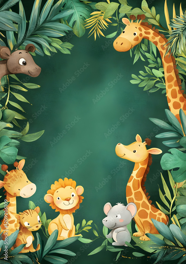 Fototapeta premium A playful illustration of cartoon animals surrounded by lush greenery.